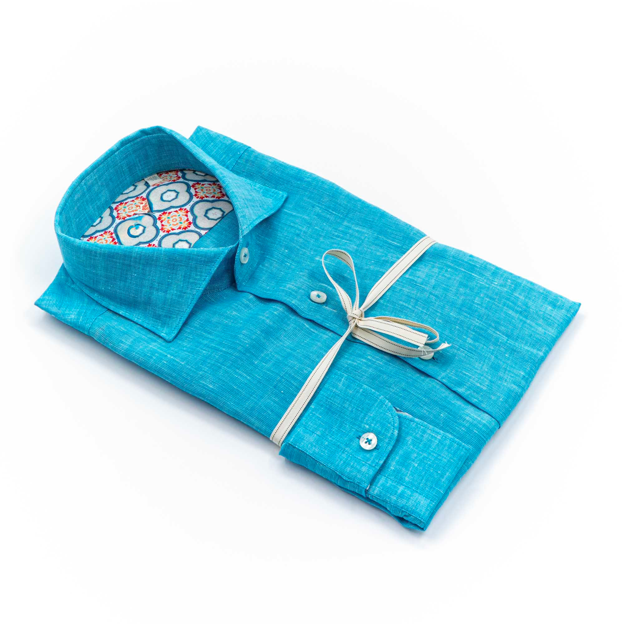 Sky Blue Pure Linen Shirt with Printed Inner Collar – Made in Italy
