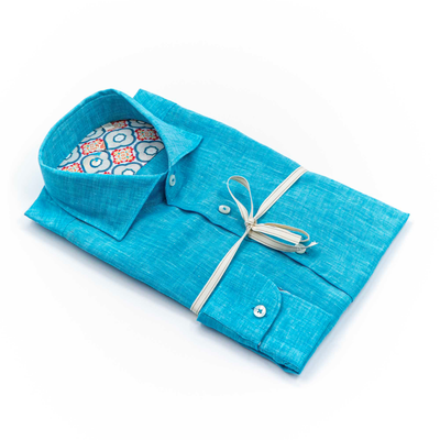 Sky Blue Pure Linen Shirt with Printed Inner Collar – Made in Italy
