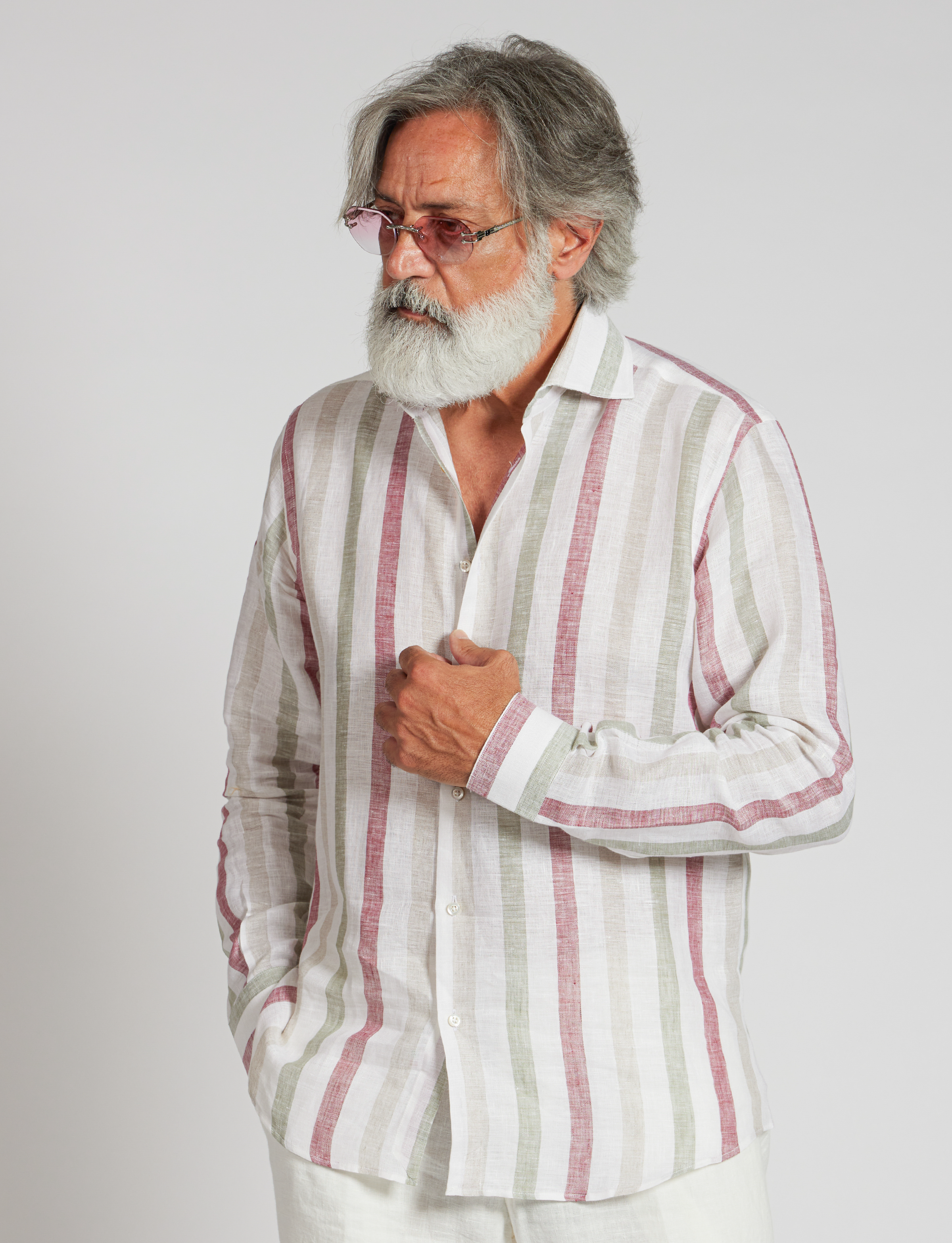 Linen Shirt with Sage, Sand & Brick Stripes