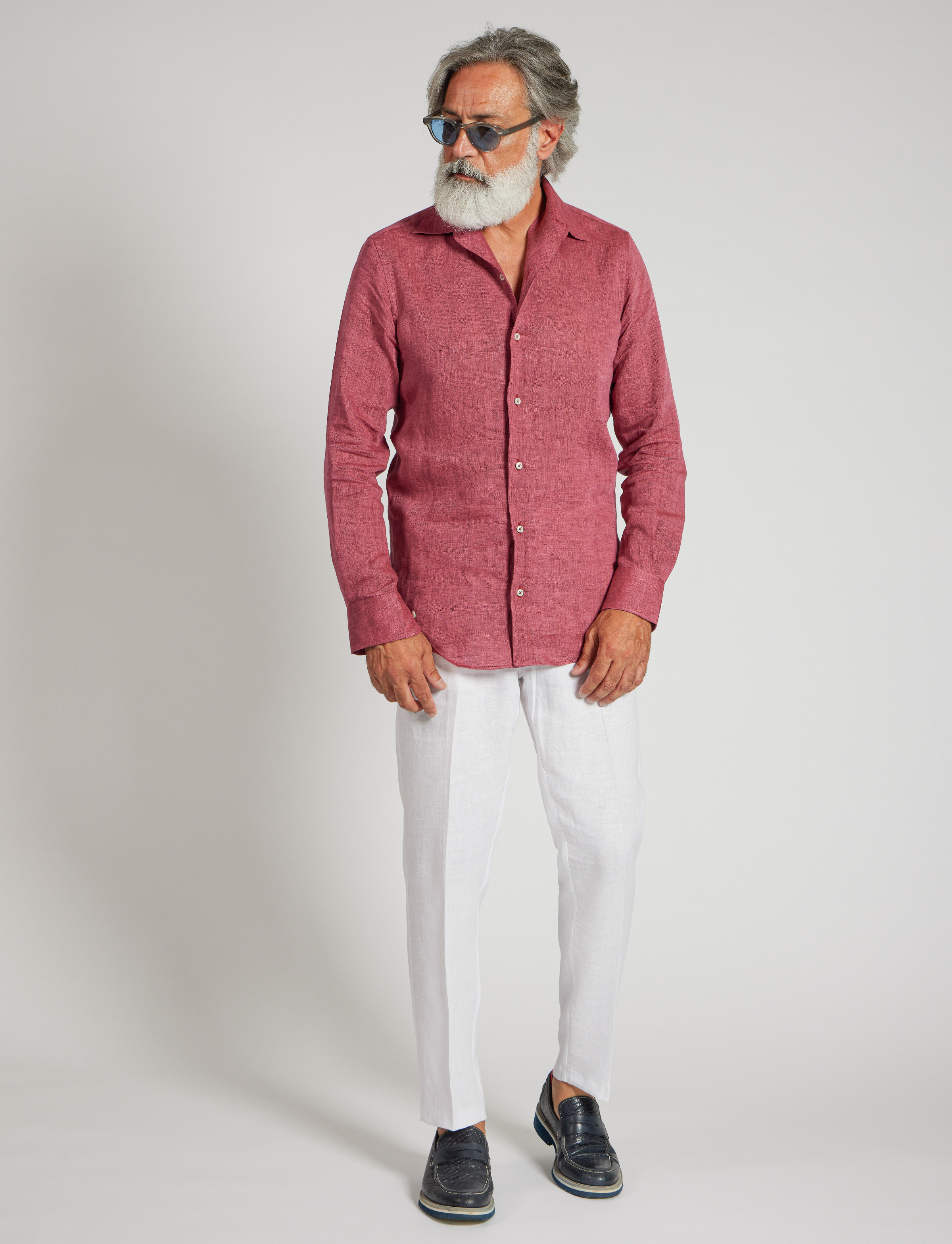 Camicia in puro lino azzurro cielo con interno collo stampato – Made in Italy