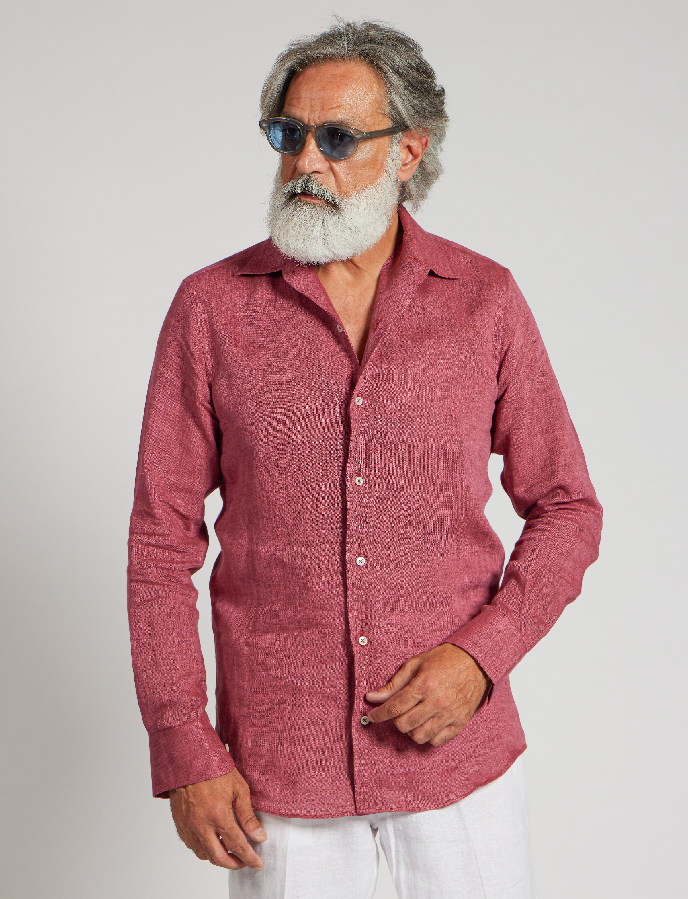 Camicia in puro lino azzurro cielo con interno collo stampato – Made in Italy