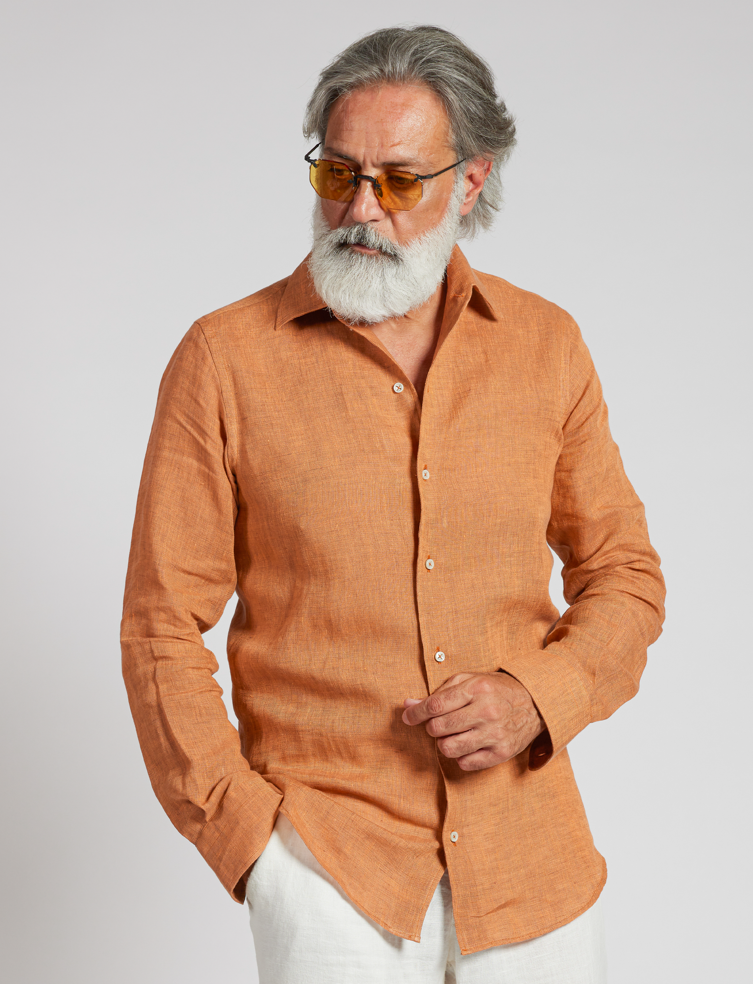 Camicia in puro lino azzurro cielo con interno collo stampato – Made in Italy
