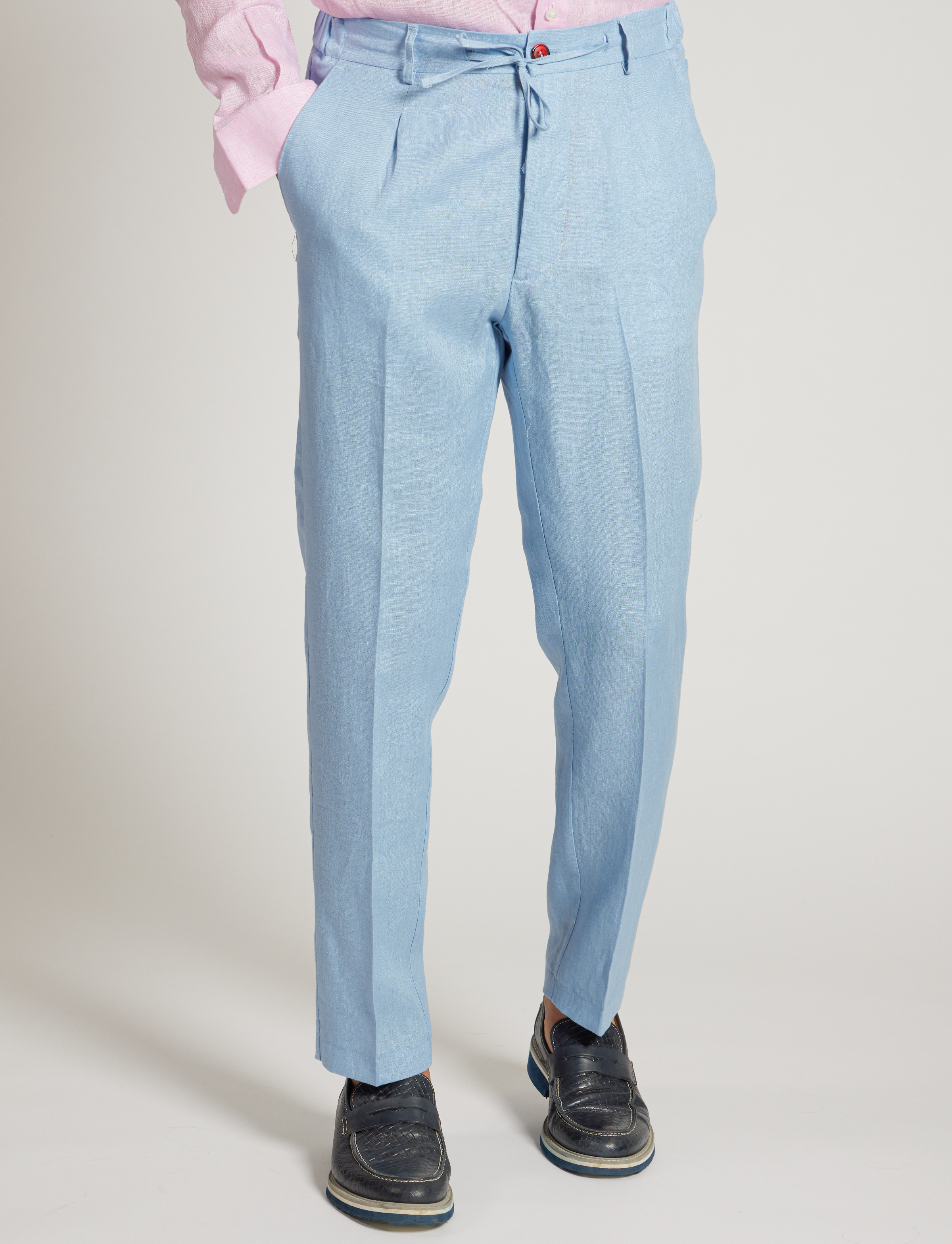 Light Blue Linen Drawstring Trousers – Made in Italy