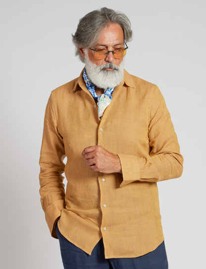 Camicia in puro lino azzurro cielo con interno collo stampato – Made in Italy