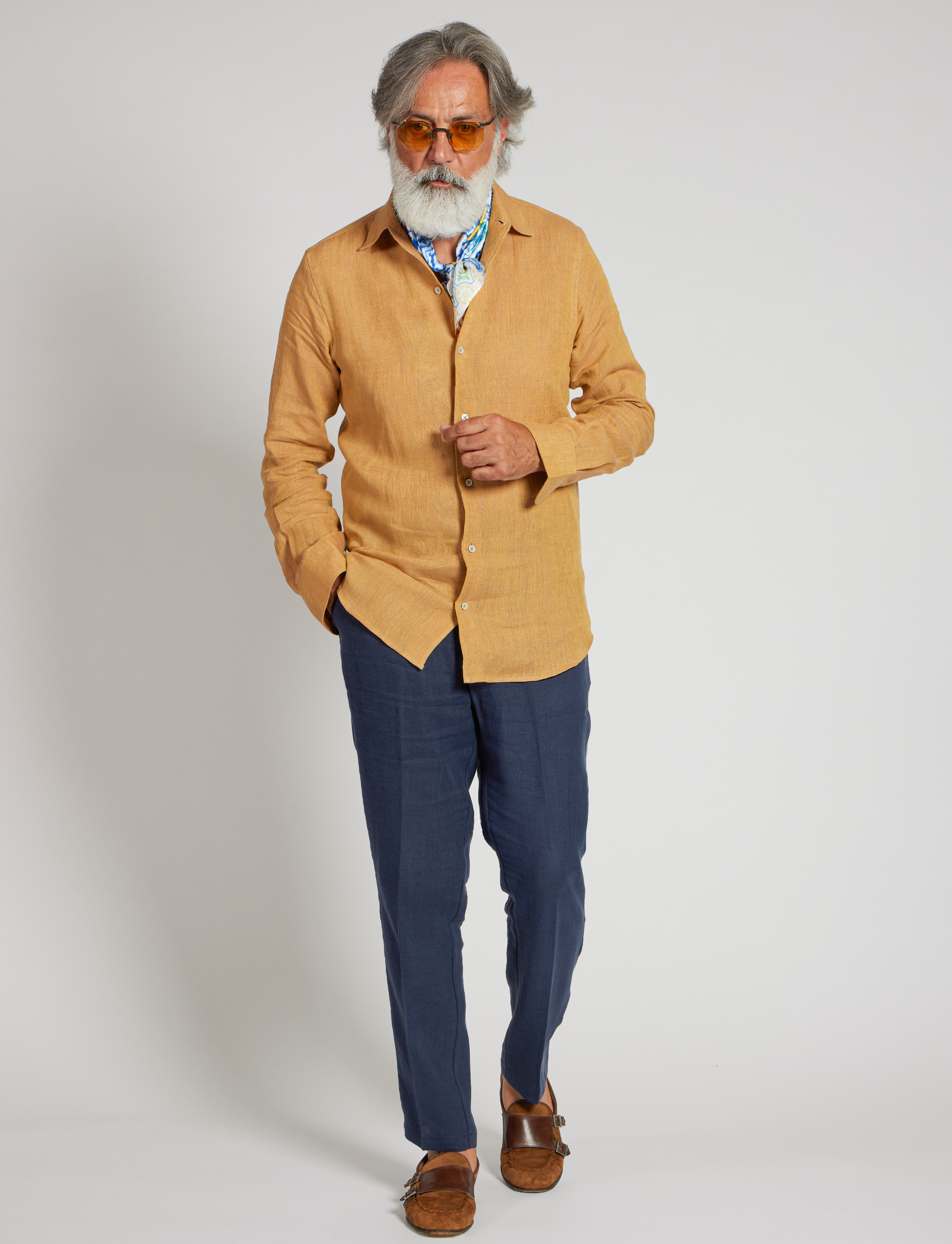 Camicia in puro lino azzurro cielo con interno collo stampato – Made in Italy