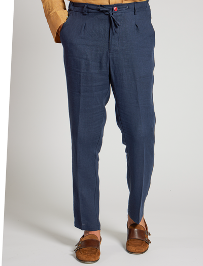 Pantaloni in lino blu navy con coulisse – Made in Italy