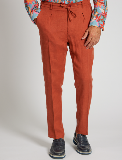 Pantalones de lino color naranja óxido con cordón ajustable – Hechos en Italia