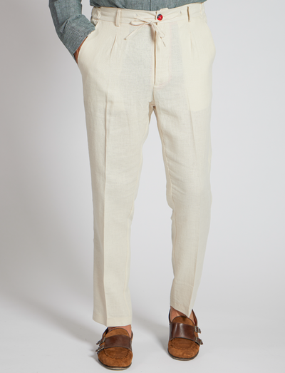 Pantalones de lino natural con cordón ajustable – Hechos en Italia