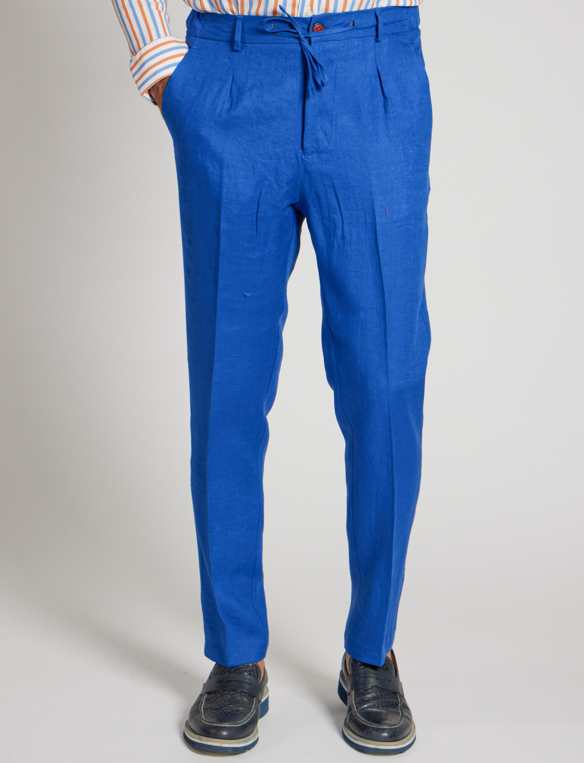Bright Blue Linen Drawstring Trousers – Made in Italy