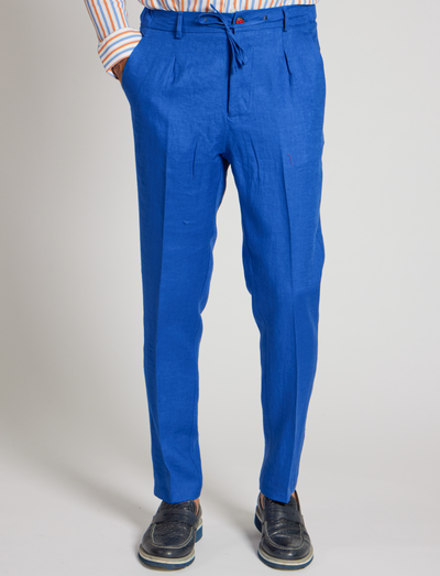 Pantalones de lino azul brillante con cordón ajustable – Hechos en Italia