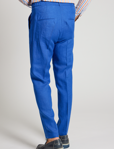 Pantalones de lino azul brillante con cordón ajustable – Hechos en Italia