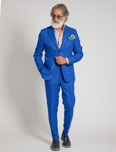 Pantalones de lino azul brillante con cordón ajustable – Hechos en Italia