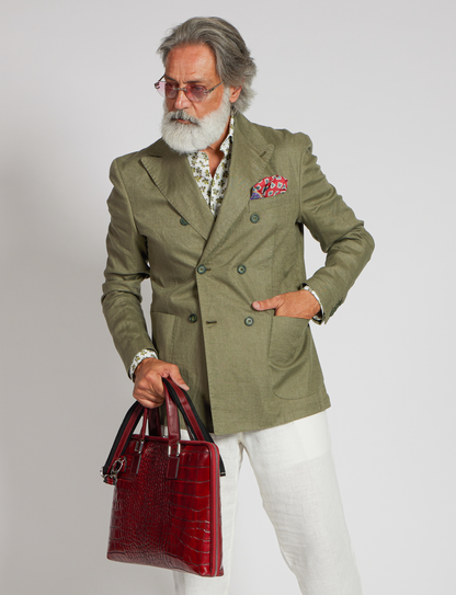 Double-Breasted Linen Jackets Made in Italy - Olive Green