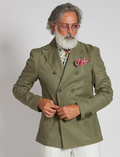 Double-Breasted Linen Jackets Made in Italy - Olive Green