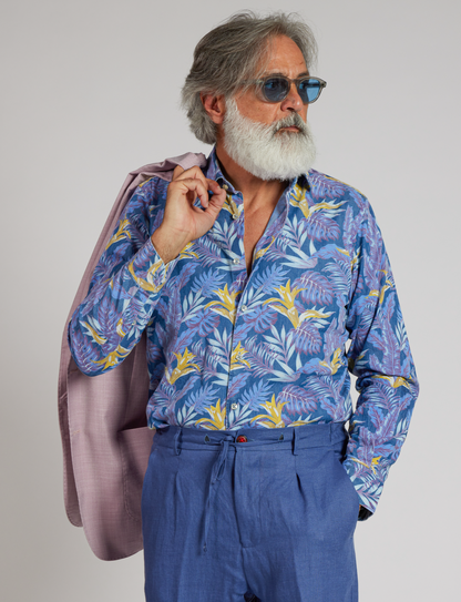 Floral Printed Linen Shirt Made in Italy - Blue