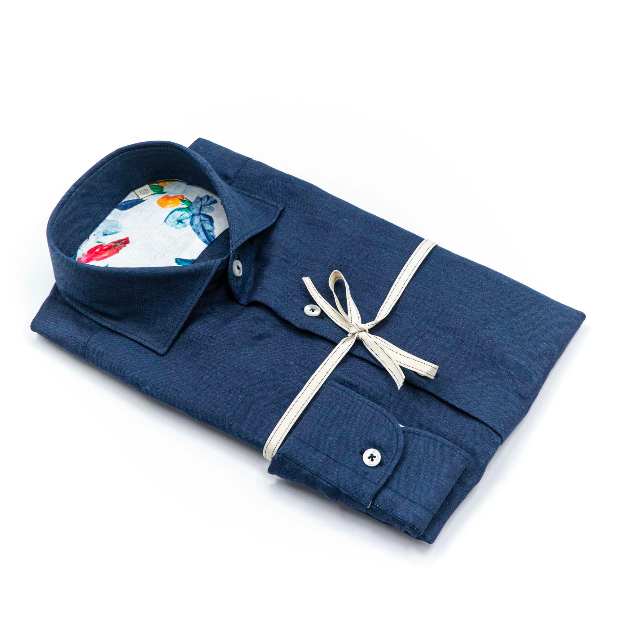 Navy Linen Shirt with Floral Interior – Made in Italy