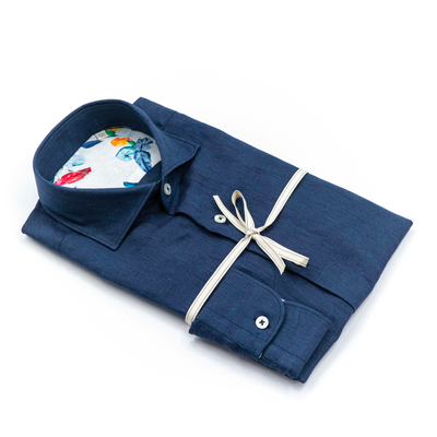 Navy Linen Shirt with Floral Interior – Made in Italy