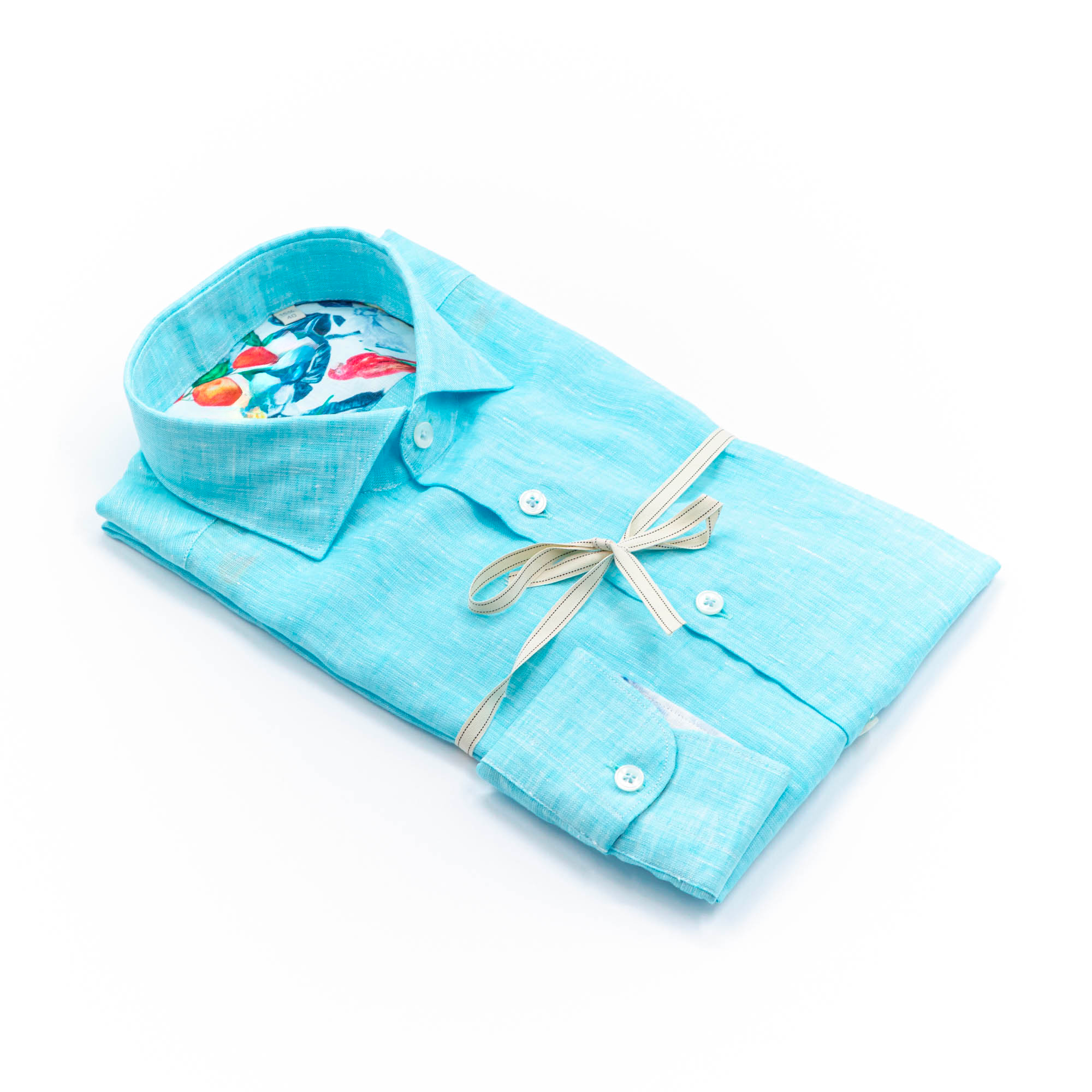 Sky Blue Linen Shirt with Floral Interior Contrast