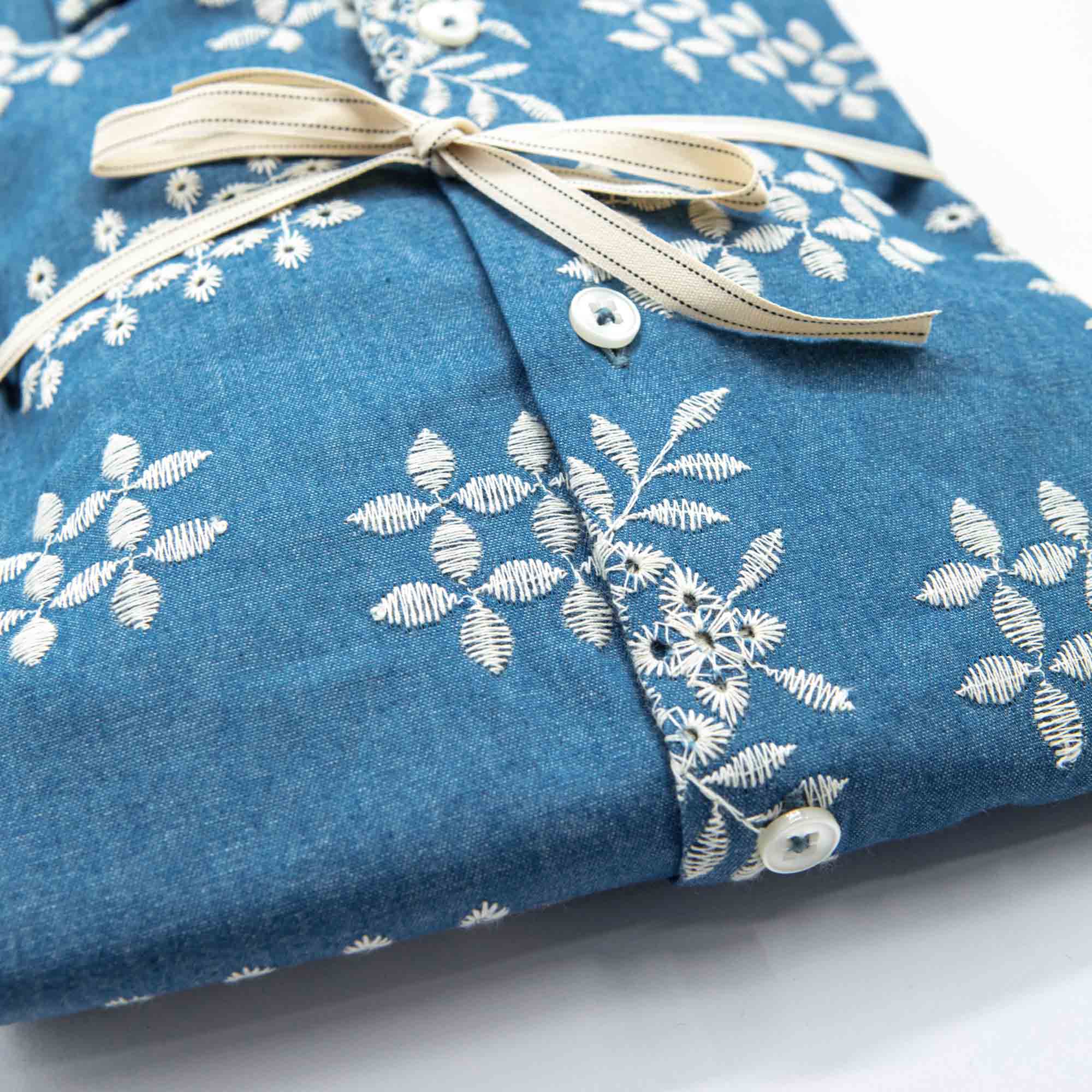 Embroidered Chambray Shirt with Cream Floral Motif
