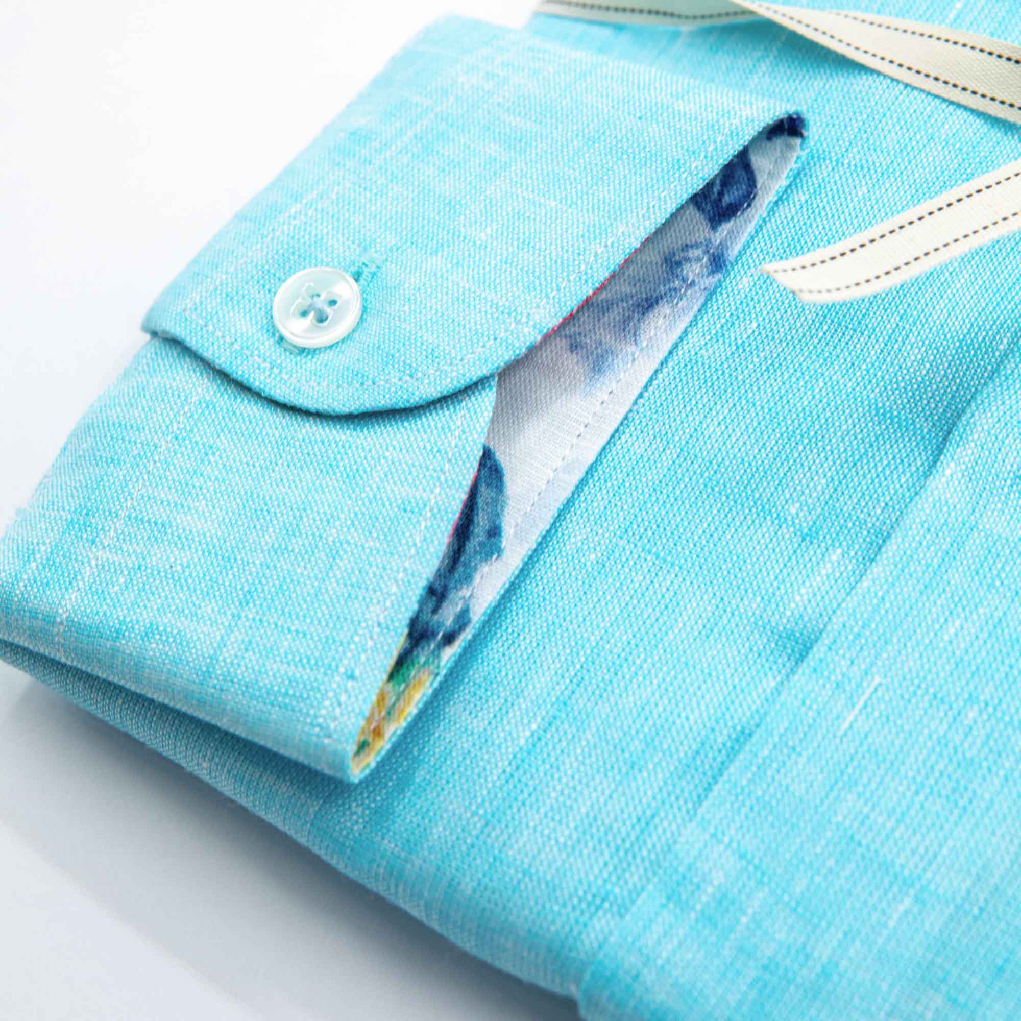 Sky Blue Linen Shirt with Floral Interior Contrast
