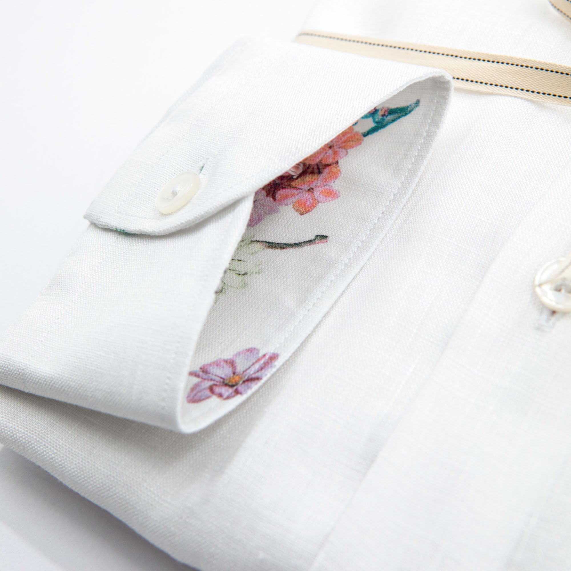 White Linen Shirt with Floral Inner Details