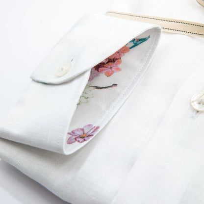 White Linen Shirt with Floral Inner Details