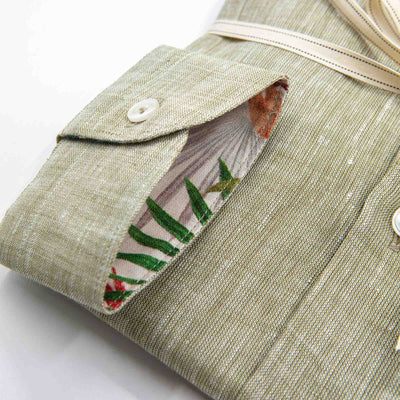 Beige Linen Shirt with Tropical Print Inner Detail