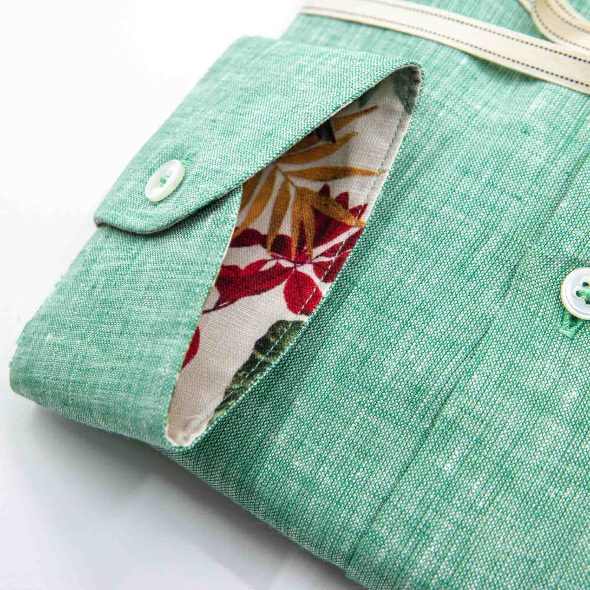 Green Linen Shirt with Tropical Print Details