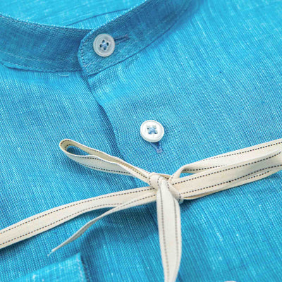 Turquoise Linen Band Collar Shirt – Made in Italy