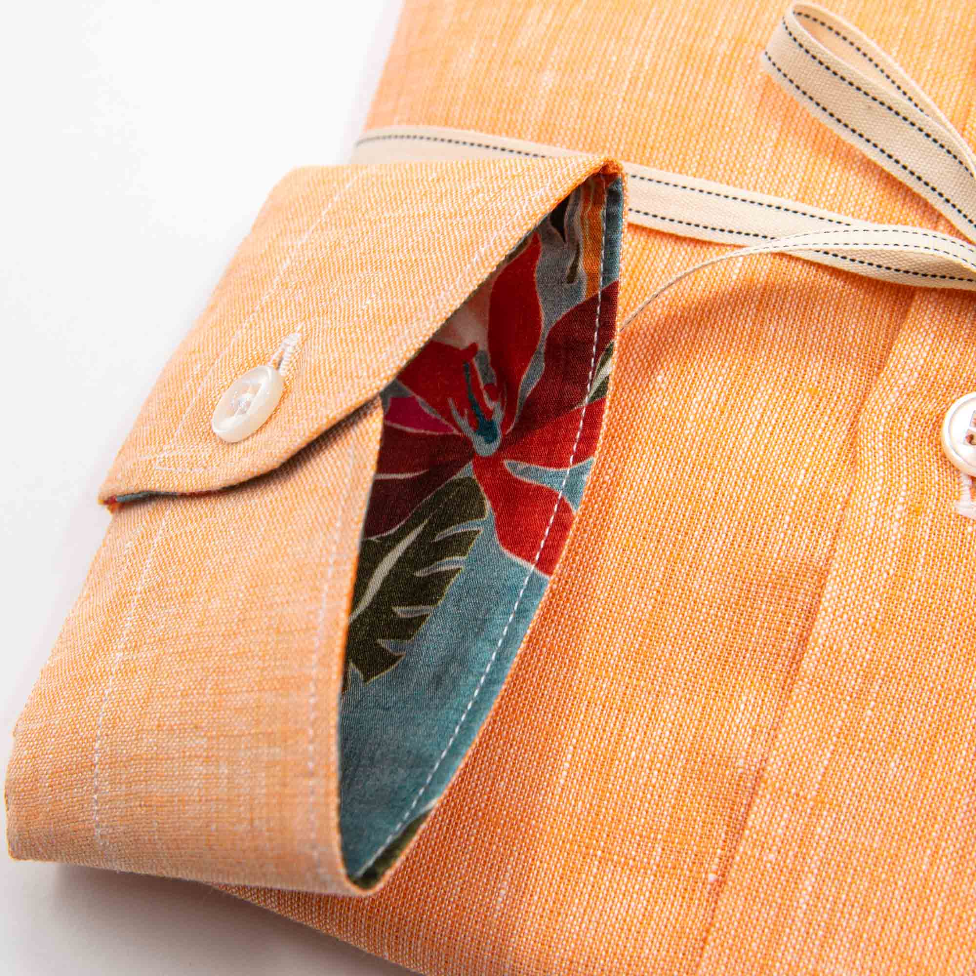 Orange Linen Shirt with Tropical Print Inner Detail – Made in Italy