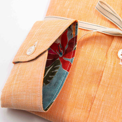 Orange Linen Shirt with Tropical Print Inner Detail – Made in Italy