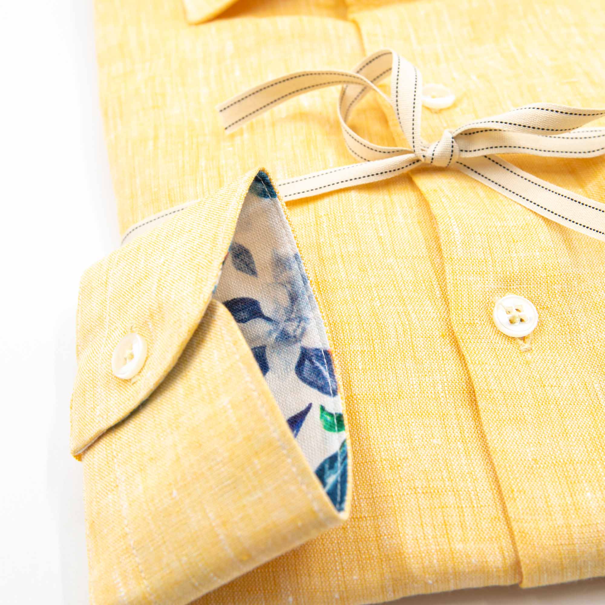 Yellow Linen Shirt with Floral Inner Details – Made in Italy