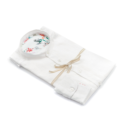 White Linen Band Collar Shirt with Floral Contrast – Made in Italy