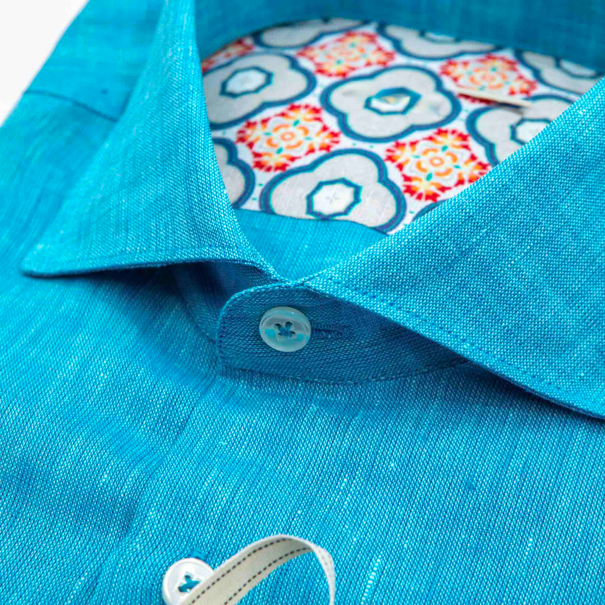 Sky Blue Pure Linen Shirt with Printed Inner Collar – Made in Italy