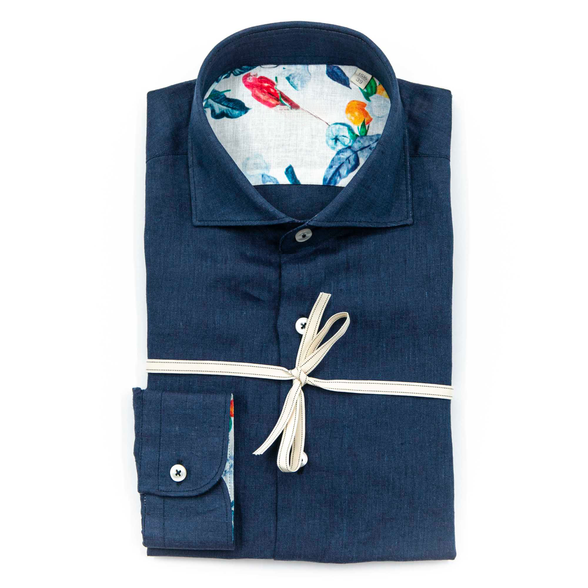 Navy Linen Shirt with Floral Interior – Made in Italy