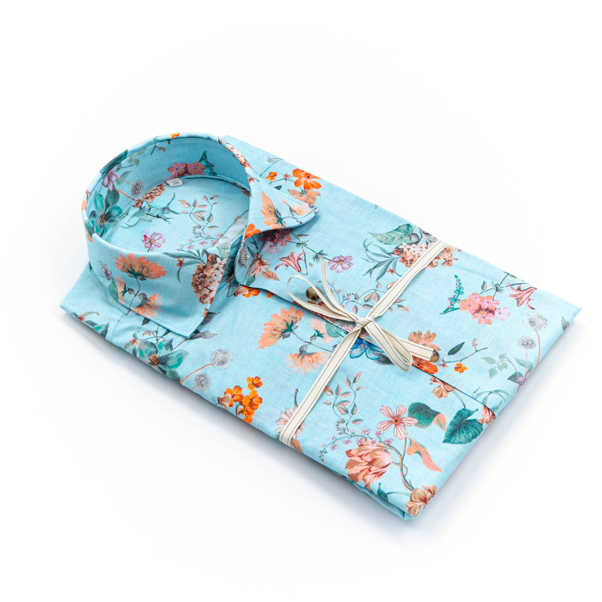 Camicia in puro lino azzurro cielo con interno collo stampato – Made in Italy