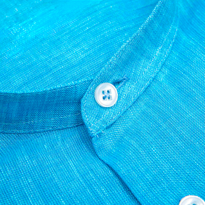 Turquoise Linen Band Collar Shirt – Made in Italy
