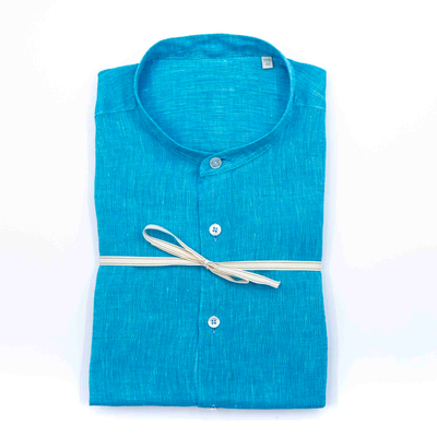 Turquoise Linen Band Collar Shirt – Made in Italy
