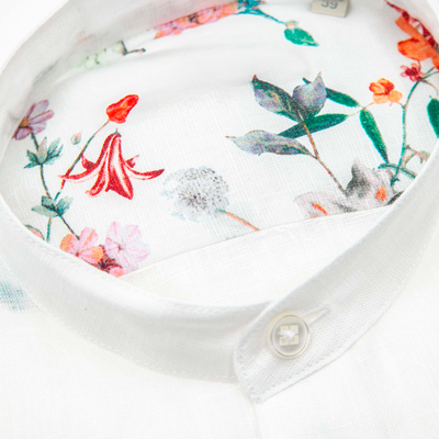 White Linen Band Collar Shirt with Floral Contrast – Made in Italy