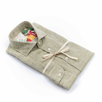 Beige Linen Shirt with Tropical Print Inner Detail