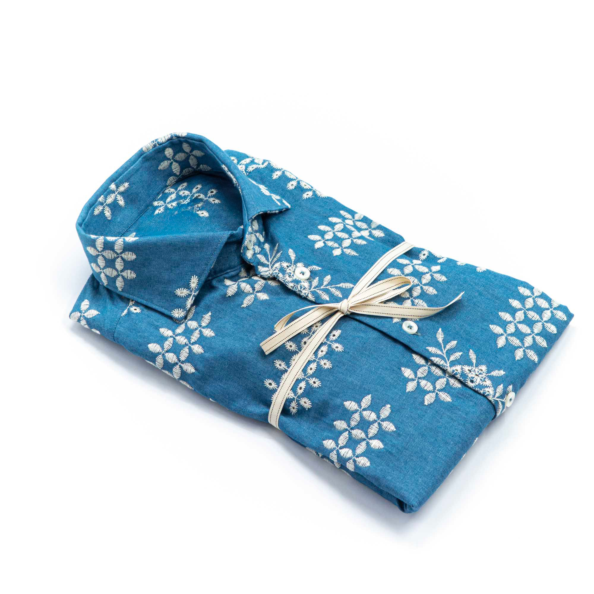 Embroidered Chambray Shirt with Cream Floral Motif