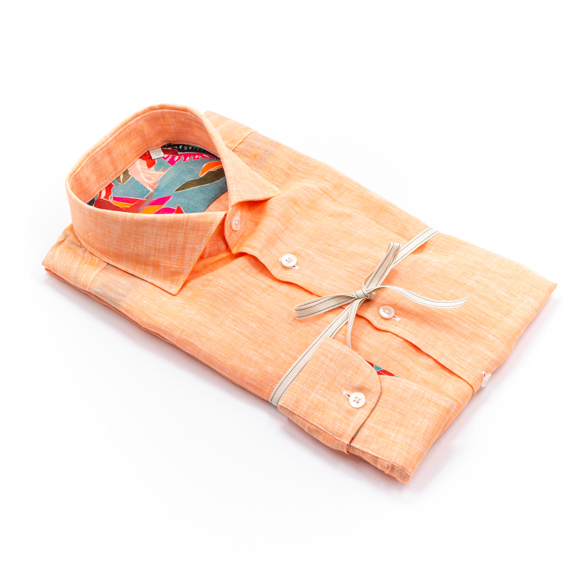 Orange Linen Shirt with Tropical Print Inner Detail – Made in Italy