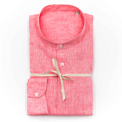 Coral Pink Band Collar Linen Shirt – Made in Italy