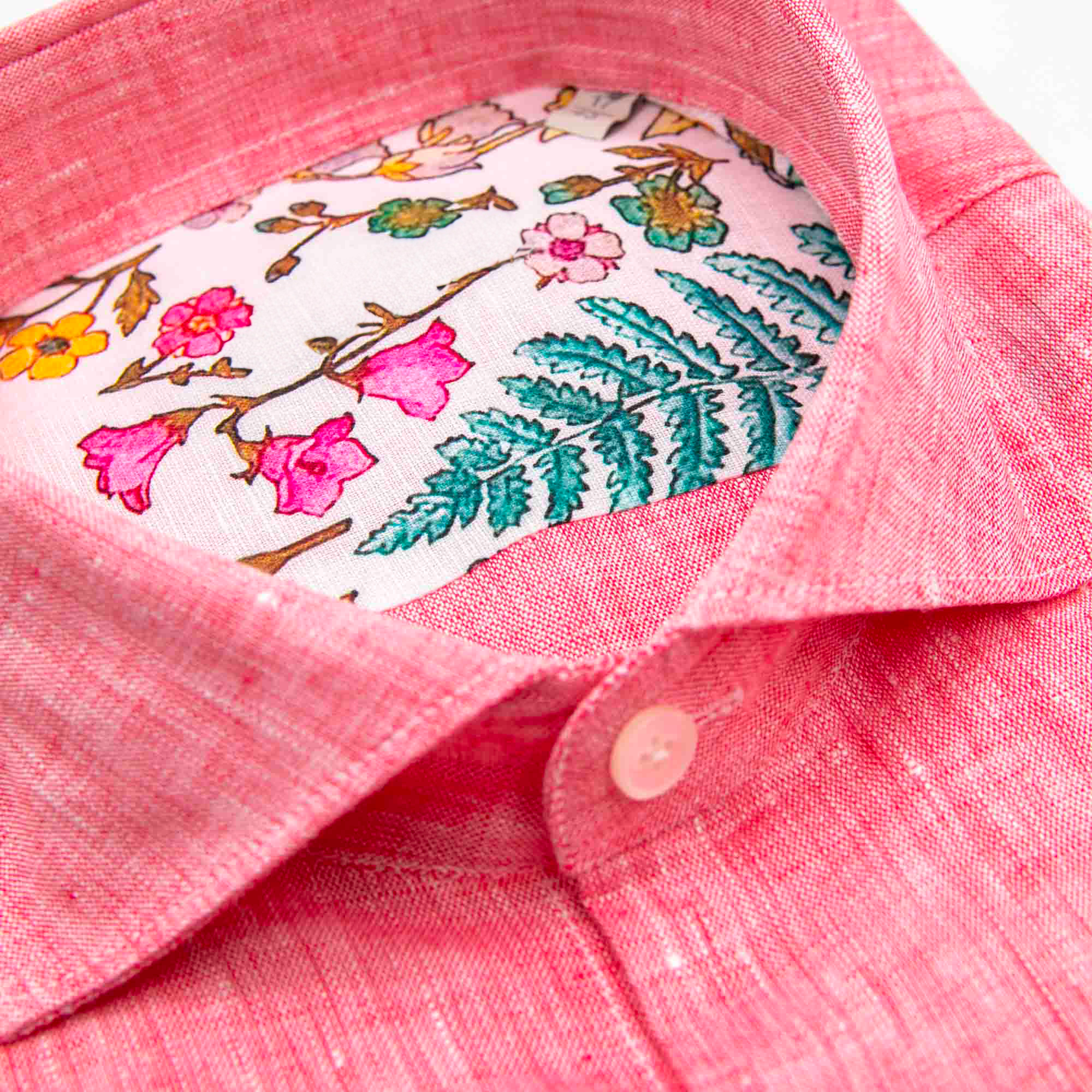 Pink Linen Shirt with Botanical Inner Detail – Made in Italy