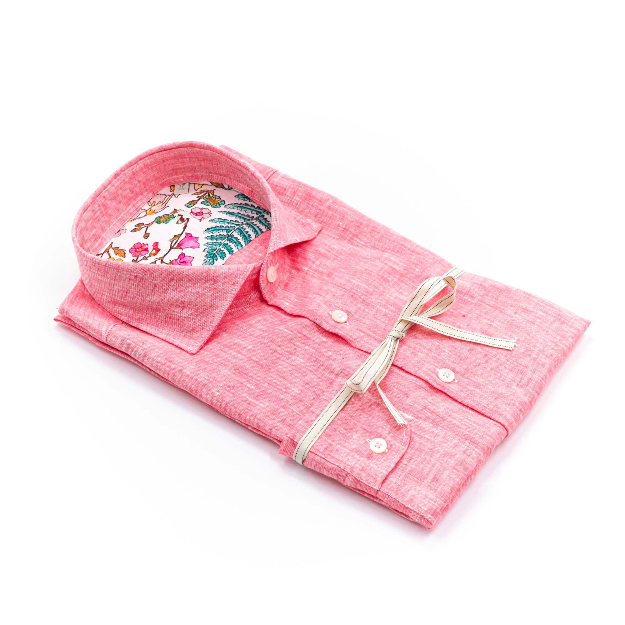 Pink Linen Shirt with Botanical Inner Detail – Made in Italy