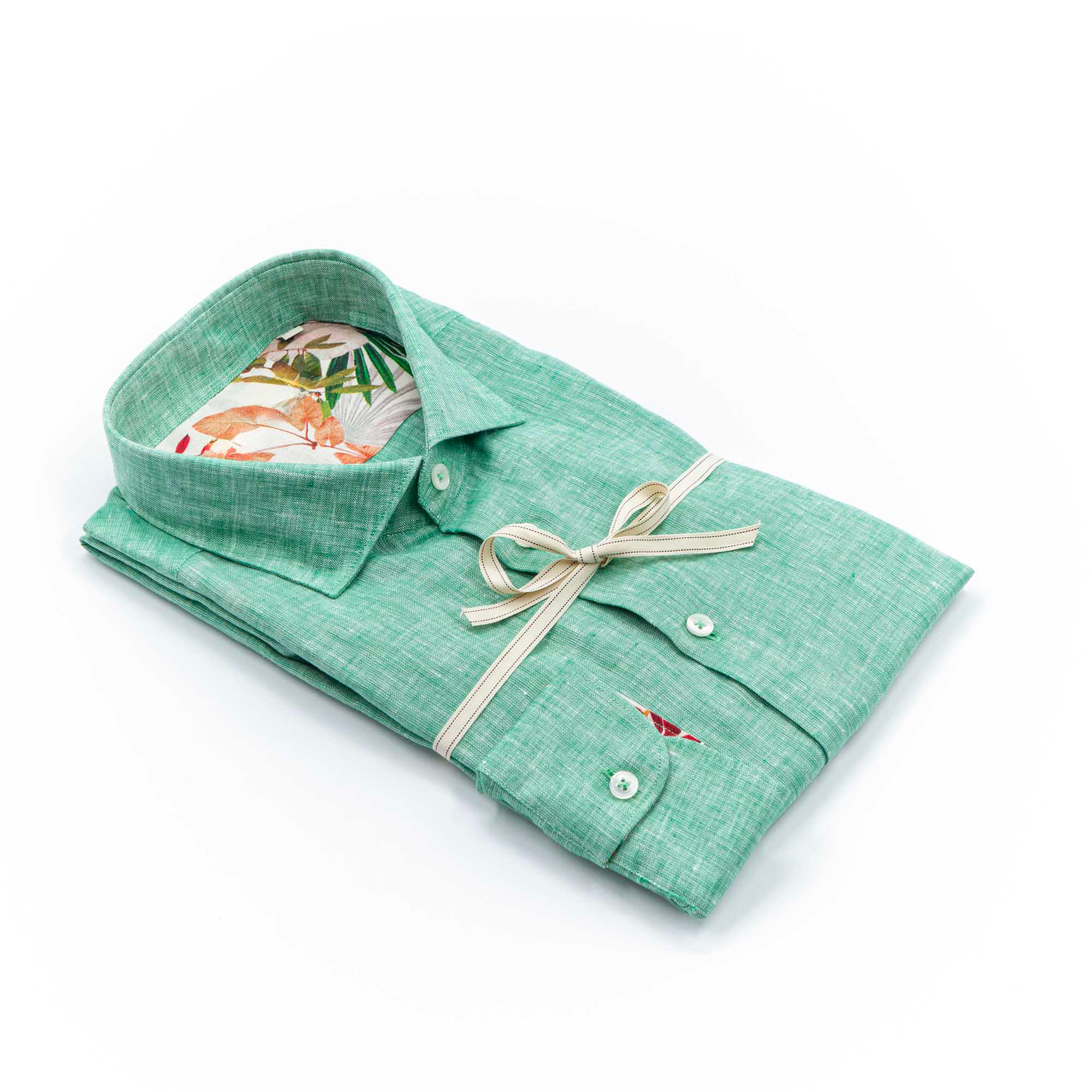 Green Linen Shirt with Tropical Print Details