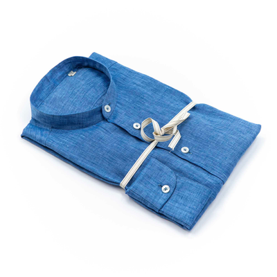 Indigo Blue Linen Band Collar Shirt – Made in Italy