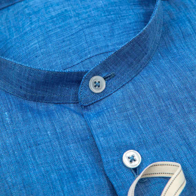 Indigo Blue Linen Band Collar Shirt – Made in Italy