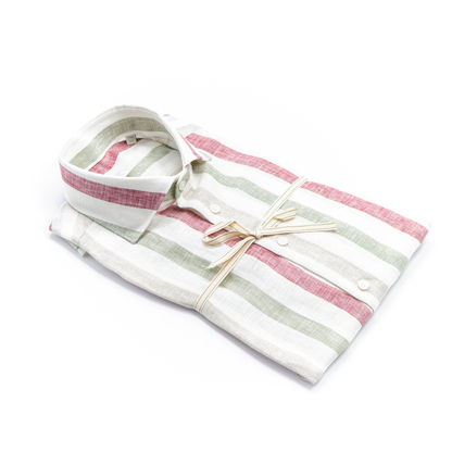 Linen Shirt with Sage, Sand & Brick Stripes