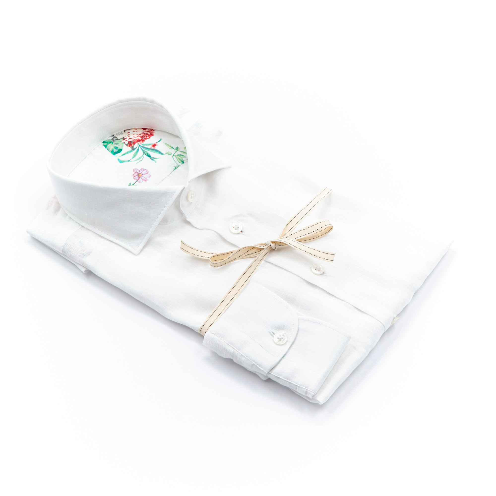 White Linen Shirt with Floral Inner Details